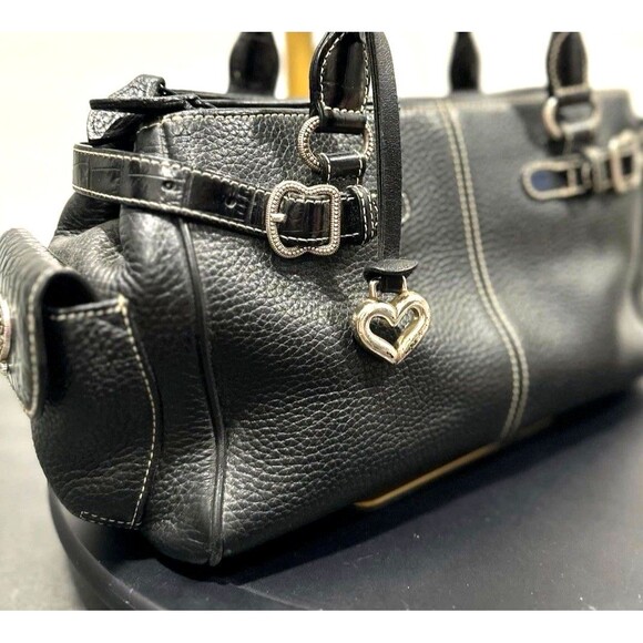 Brighton Black Pebbled Leather Shoulder Bag Braided Handles Heart Charm Top